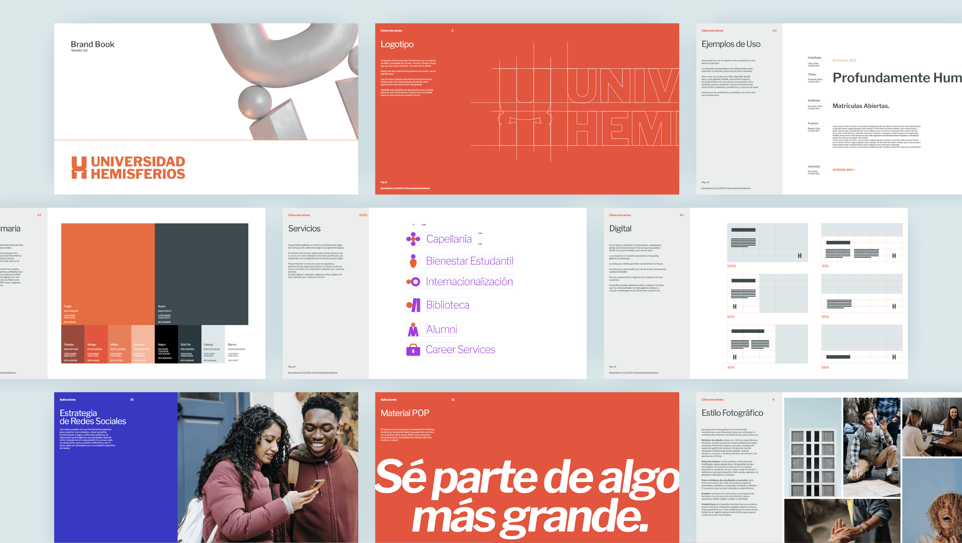 Brand book layout for Universidad de los Hemisferios by Lunalunares, showing logo guidelines, color system, service marks, editorial grids, social media strategy, and photographic style pages.