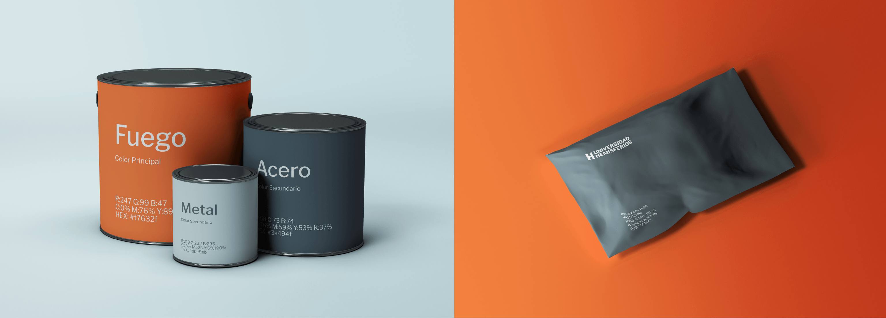 Color palette and packaging mockup for U-Hemisferios by Lunalunares, featuring paint cans labeled Fuego, Acero, and Metal alongside a gray branded package on an orange background.