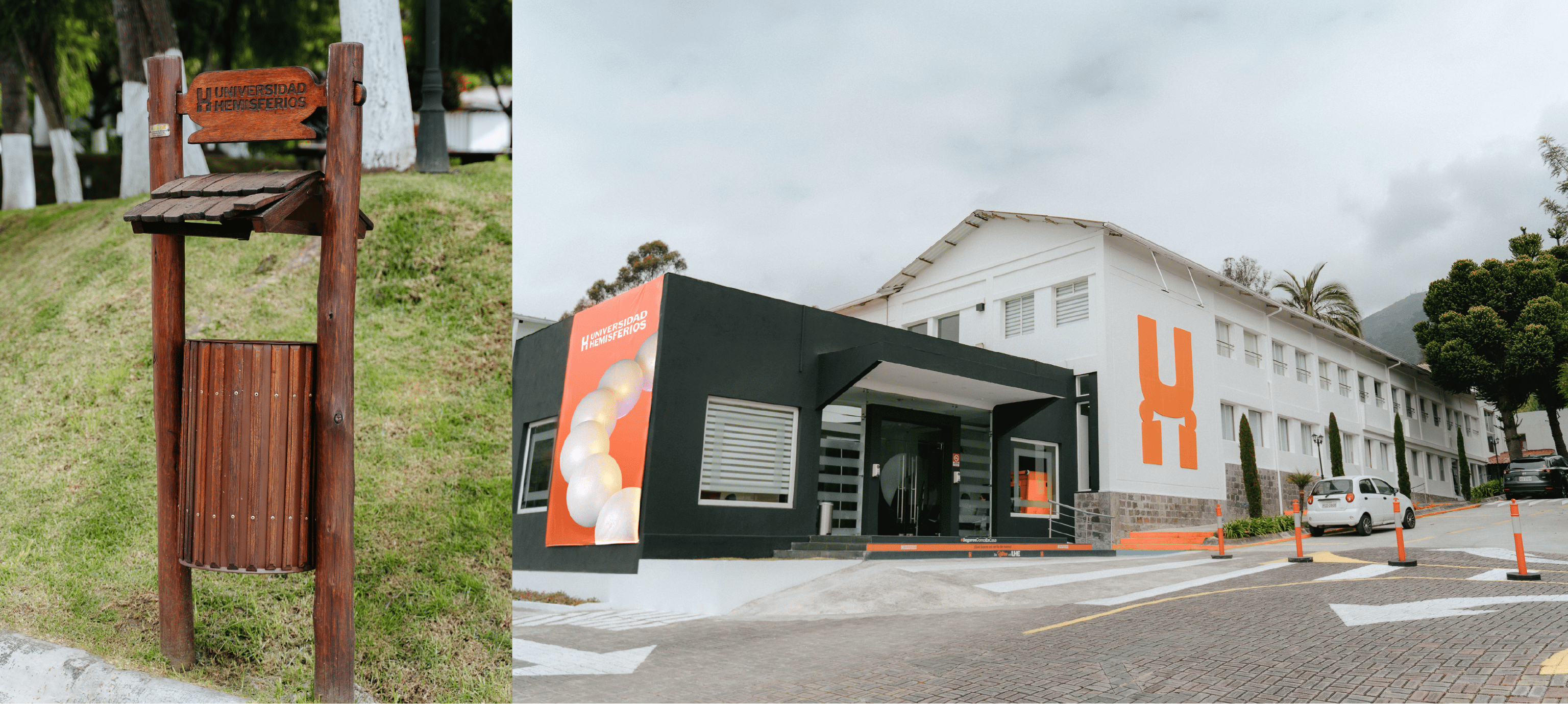 School of Music banner and wayfinding design for U-Hemisferios by Lunalunares, showing a pink MS hanging sign, orange interior space, and a minimal restroom signage cube.