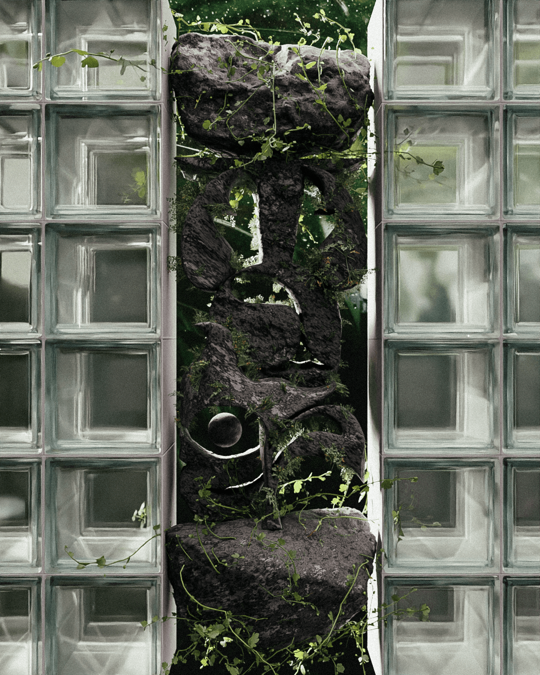 Organic stone totem visual for Canopy Bridge by Lunalunares, combining volcanic rock textures, climbing vines, glass blocks, and tropical greenery as part of an experimental Amazonian food identity.