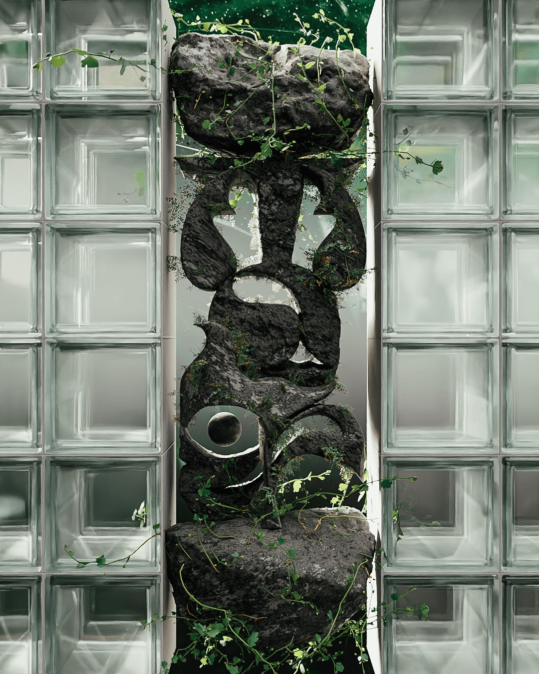Canopy Bridge organic brand symbol by Lunalunares, shown as a dark stone sculpture with vines and tropical textures framed by translucent glass blocks.