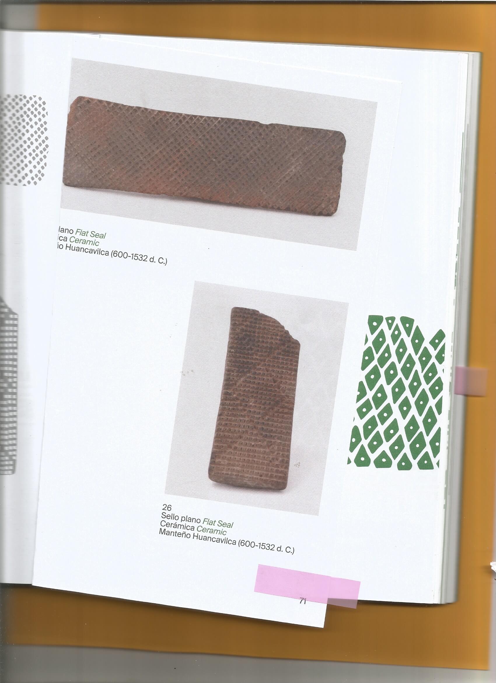 Visual research for Mullu by Lunalunares showing Manteño Huancavilca flat seal ceramic references, geometric stamp patterns, and pre-Columbian visual inspiration for the brand identity.
