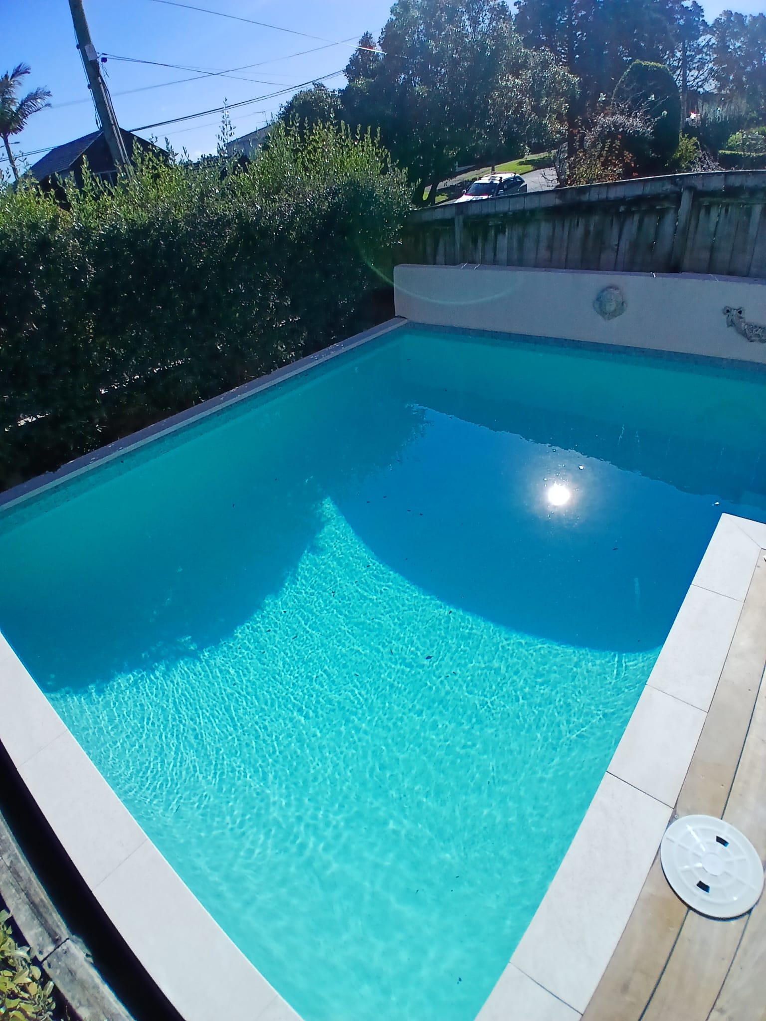 Not every renovation is about creating something completely new. Sometimes, it's about preserving the character of a pool while giving it a new lease on life. This residential pool had served its owners well for many years, but the interior finish had reached the end of its life. The plaster was worn and stained, the skimmer needed replacing, and the coping stones and waterline tiles were ready for a refresh. The goal was to restore the pool's beauty while retaining its timeless design and unique decorative water feature wall.