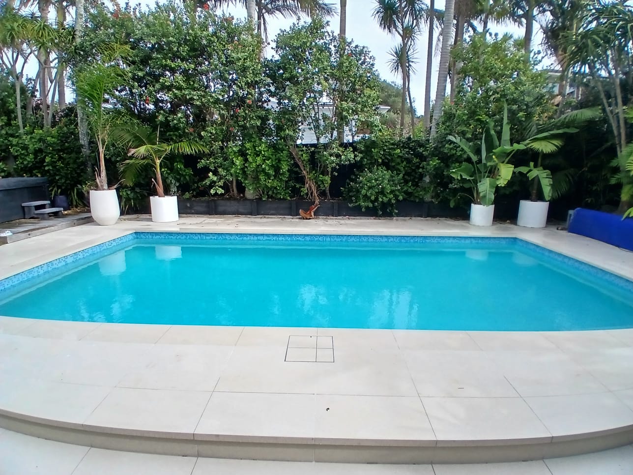 A complete swimming pool renovation featuring a premium aggregate resurfacing, new glass mosaic waterline tiles, and a fully retiled outdoor entertaining area, transforming a tired pool into a stunning backyard centrepiece.