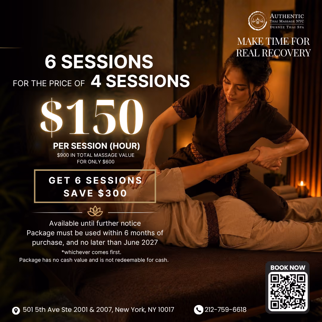 Massage package offer: 6 sessions for the price of 4, $600 for $900 of massage value. Use within 6 months, no later than June 2027.
