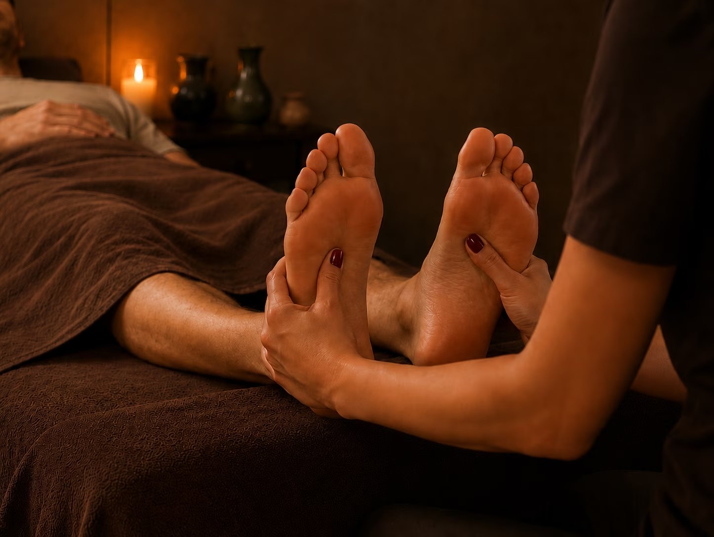 Therapist applying targeted pressure to a client’s foot during a Precision Reflexology session at a private Midtown Manhattan studio