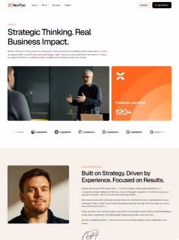 Business website homepage showing strategy services with images of a speaker and a man, plus product launch info.