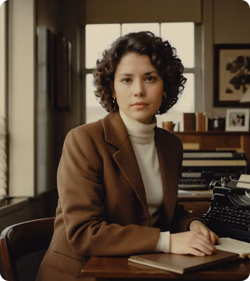 Woman with curly hair in a brown blazer sitting at a desk with a typewriter and notebook.