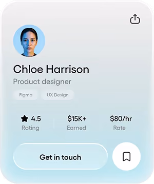 Profile card for Chloe Harrison, product designer, with rating 4.5, $15K+ earned, $80/hr rate, and contact button.