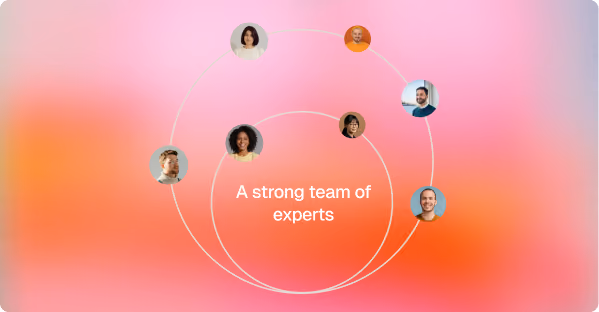 Profile pictures of six diverse people arranged around the text: A strong team of experts.