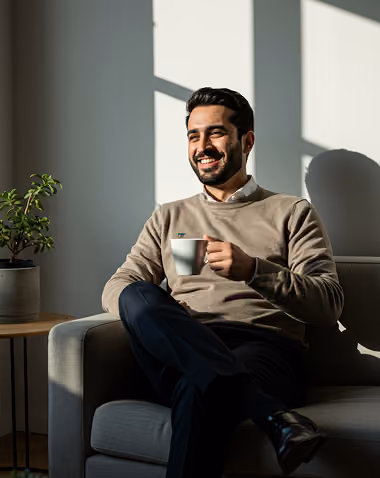 Smiling man in brown sweater sitting on a couch holding a white mug in sunlight.