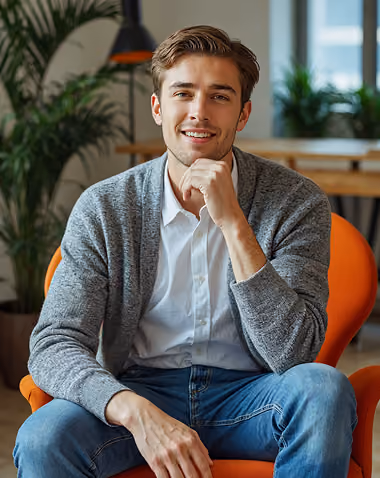 Smiling young man wearing a gray cardigan and white shirt sitting on an orange chair indoors.