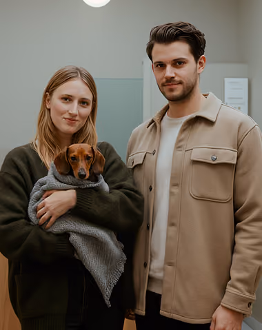 Woman holding a small brown dog wrapped in a gray blanket, standing next to a man in a beige jacket.