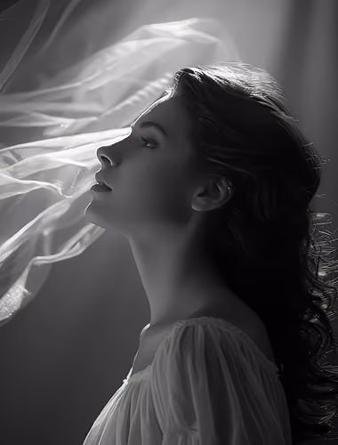 Black and white profile of a woman with flowing hair and translucent fabric in soft light.