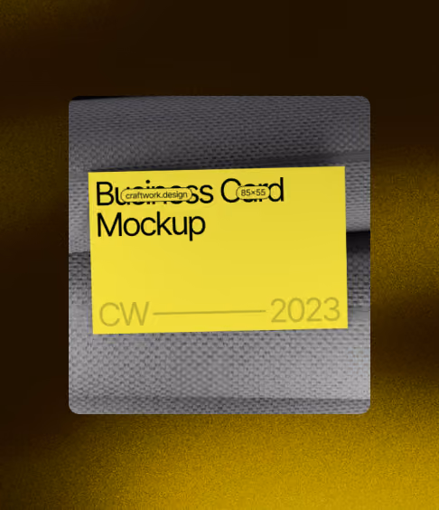 Yellow business card mockup on a textured gray fabric background, with text and design details.