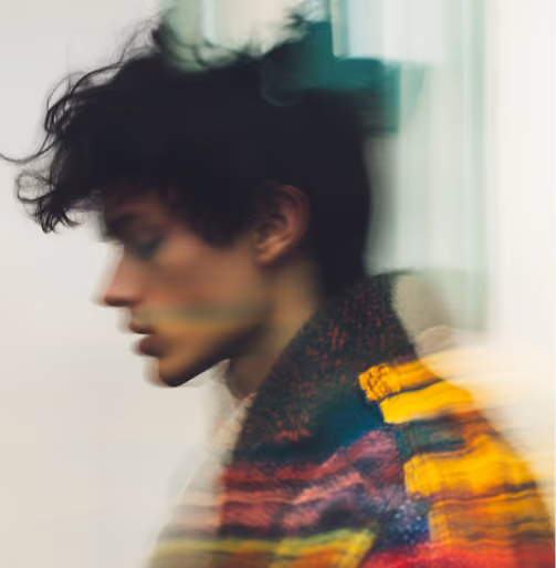 Blurred side profile of person with curly hair wearing a colorful, patterned garment.