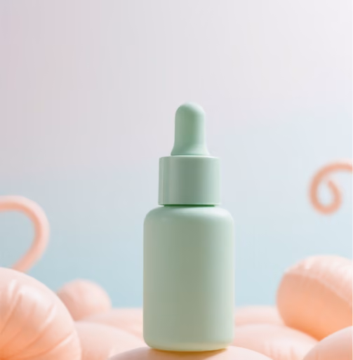 Mint green dropper bottle on pink textured surface with soft gradient background.