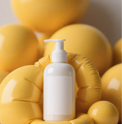 White pump bottle with blank label surrounded by yellow balloon-like spheres on a neutral background.