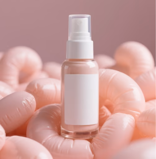 Clear pump bottle with blank label on pink inflatable rings against a pink background.