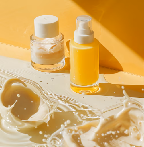 Two cosmetic containers with yellow liquid and cream with splashing beige liquid on a yellow background.