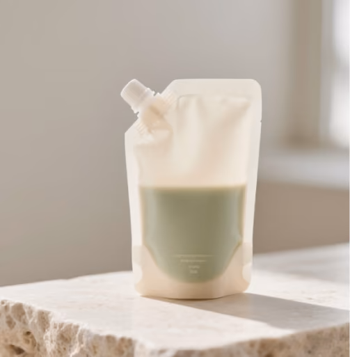 Cream-colored resealable pouch filled halfway with a light green liquid on stone surface.
