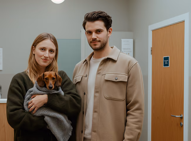 Smiling woman holding a small brown dog wrapped in a gray blanket standing next to a man indoors.
