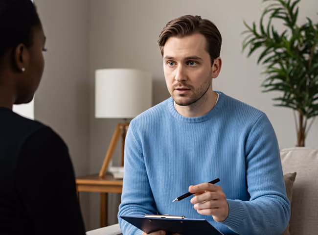 Man in blue sweater holding pen and clipboard talking to a woman indoors in a counseling setting.