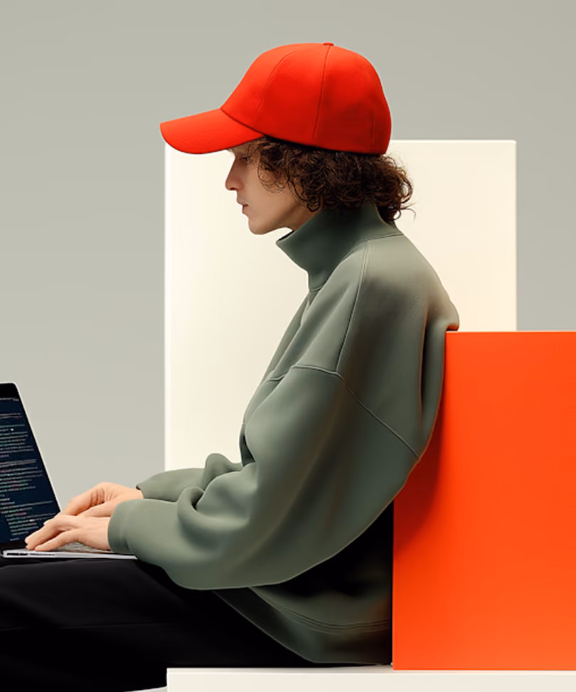 Person in red cap and green sweater typing on a laptop sitting against orange and white blocks.