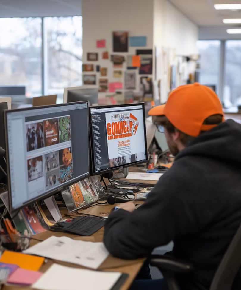 Man in orange cap working at desk with dual monitors displaying graphic design content.