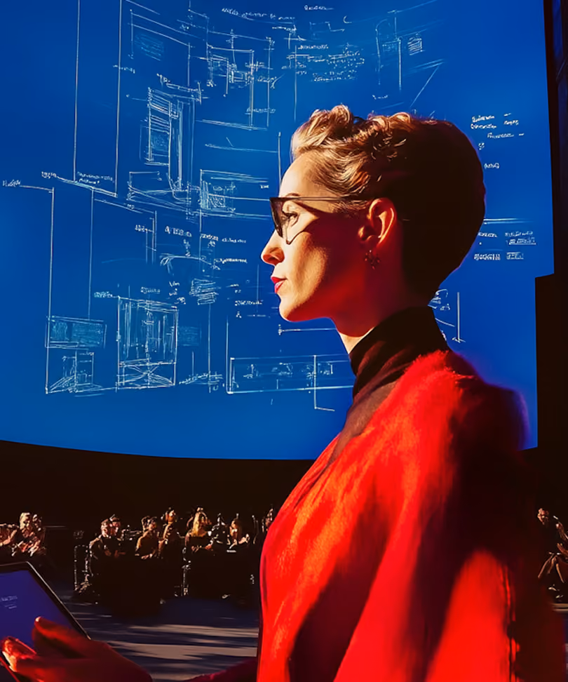 Woman in red coat and glasses looking at blue screen with architectural sketches, audience in background.