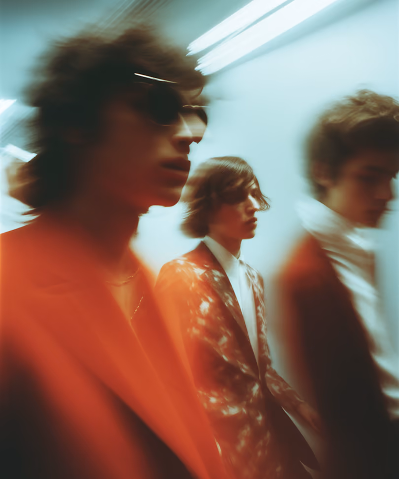 Three young men in blurred motion wearing patterned and solid red jackets in a hallway with bright lights.