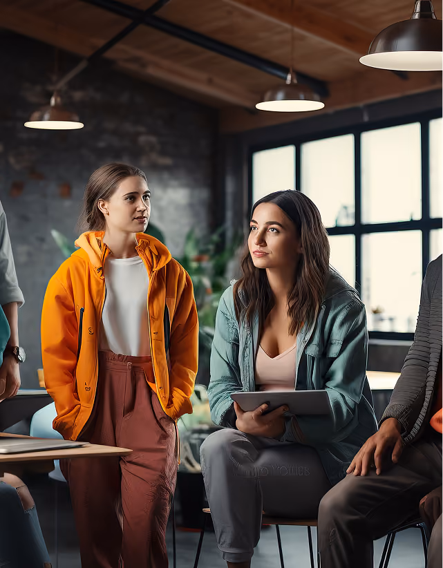Two women in casual clothes discussing, one standing in orange jacket and the other sitting with tablet.