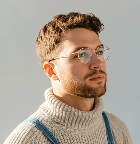 Portrait of a young man with glasses wearing a beige turtleneck sweater and denim overalls.