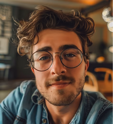 Close-up of a young man with curly hair, glasses, and a slight smile in a cozy indoor setting.