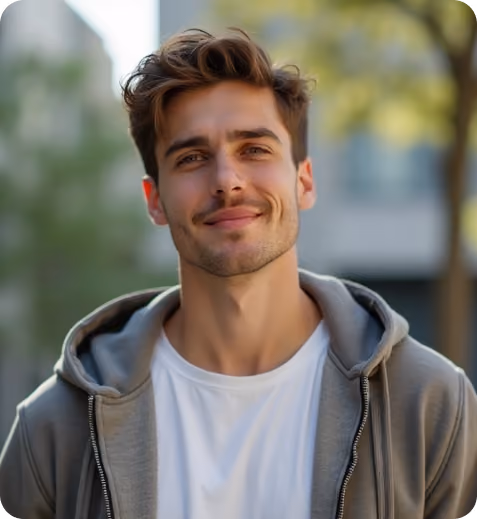 Smiling young man with tousled hair wearing a white shirt and gray hoodie outdoors.