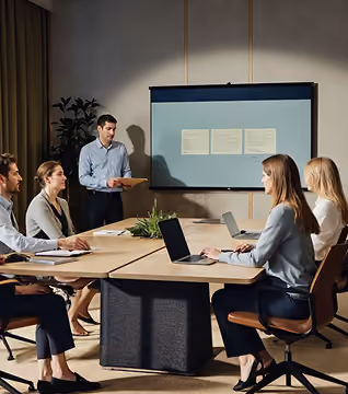 Business meeting with five people around tables, laptops open, and a presenter by a screen.