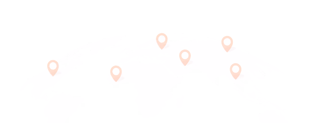 World map with six orange location pins marking different global regions.