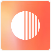 White circle divided by seven vertical bars on a gradient orange-red square background.