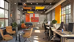 Modern office space with desks, chairs, computers, large windows, and colorful abstract wall art.