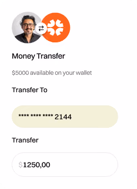 Mobile screen showing money transfer with $5000 wallet and $1250 transfer to account ending 2144.
