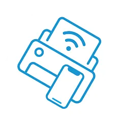 Blue icon of a printer with a smartphone and Wi-Fi signal