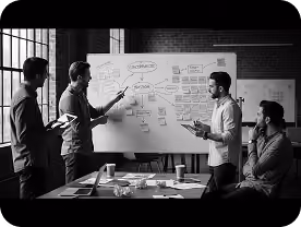 Team brainstorming at whiteboard