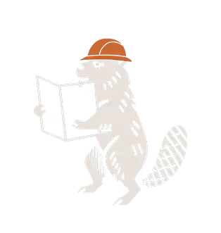 Ein Biber steht aufrecht, trägt einen orangenen Helm und hält einen Bauplan in den Pfoten.