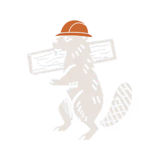 Ein Biber mit einem orangen Helm trägt ein Holzbrett auf seinem Rücken.