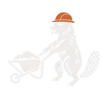 Ein Biber mit Helm schiebt eine Schubkarre voller Baumstämme.