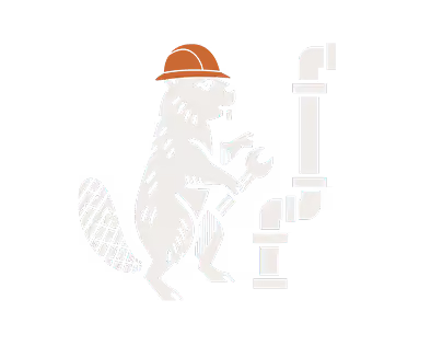 Ein gezeichneter Biber mit Schutzhelm und Schraubenschlüssel in der Hand arbeitet an weißen Rohren.