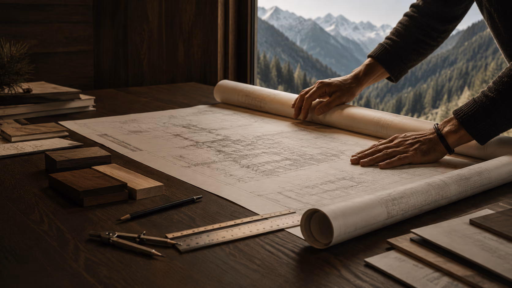 Eine Person rollt einen Architekturplan auf einem Holztisch am Fenster aus, daneben stehen Lineal, Bleistift und Holzproben.