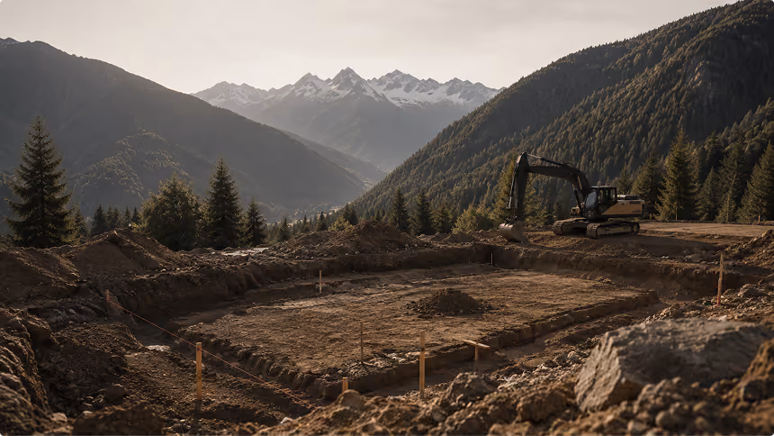 Bagger baggert eine Baugrube in den Bergen mit Tannen und schneebedeckten Gipfeln im Hintergrund.