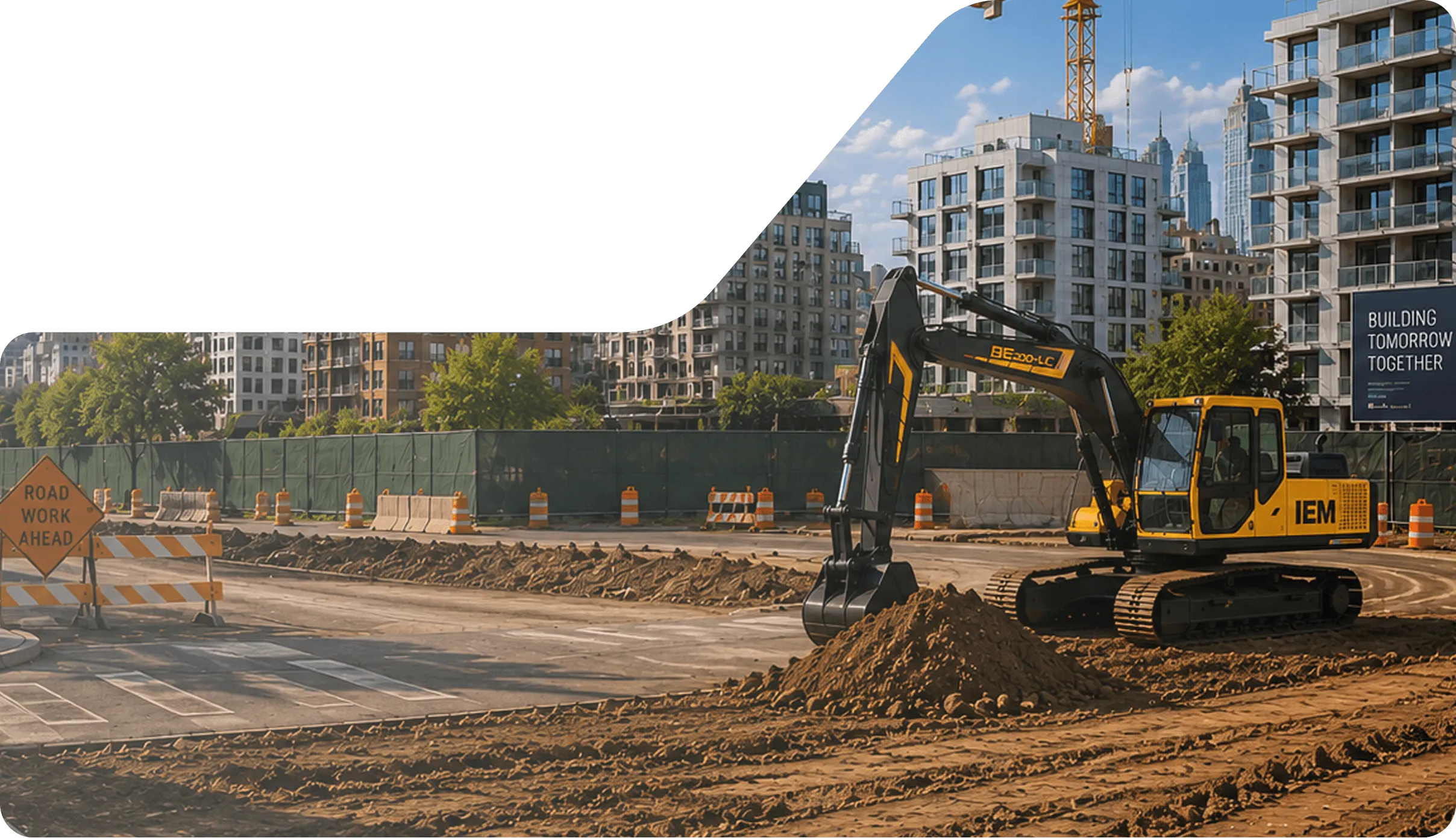 Yellow excavator digging dirt at an urban road construction site with buildings in background.