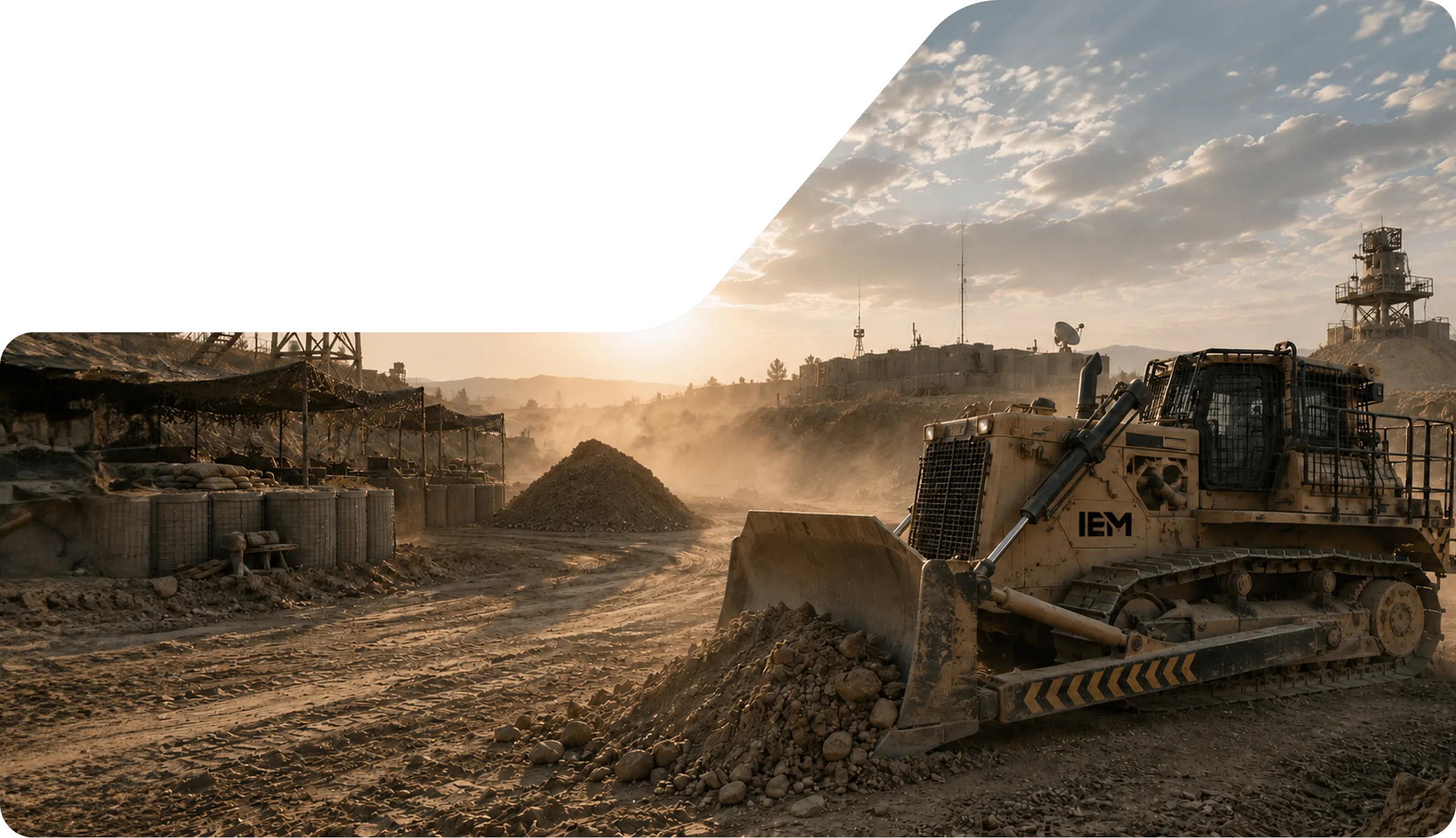 Bulldozer pushing a pile of dirt in a dusty desert construction site at sunset.
